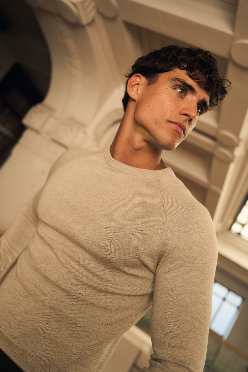 Pure Cotton Knitted Crew Neck Jumper in Neutral Marl