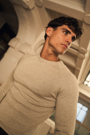 Pure Cotton Knitted Crew Neck Jumper in Neutral Marl