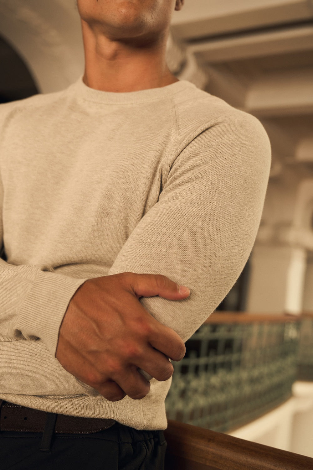 Pure Cotton Knitted Crew Neck Jumper in Neutral Marl