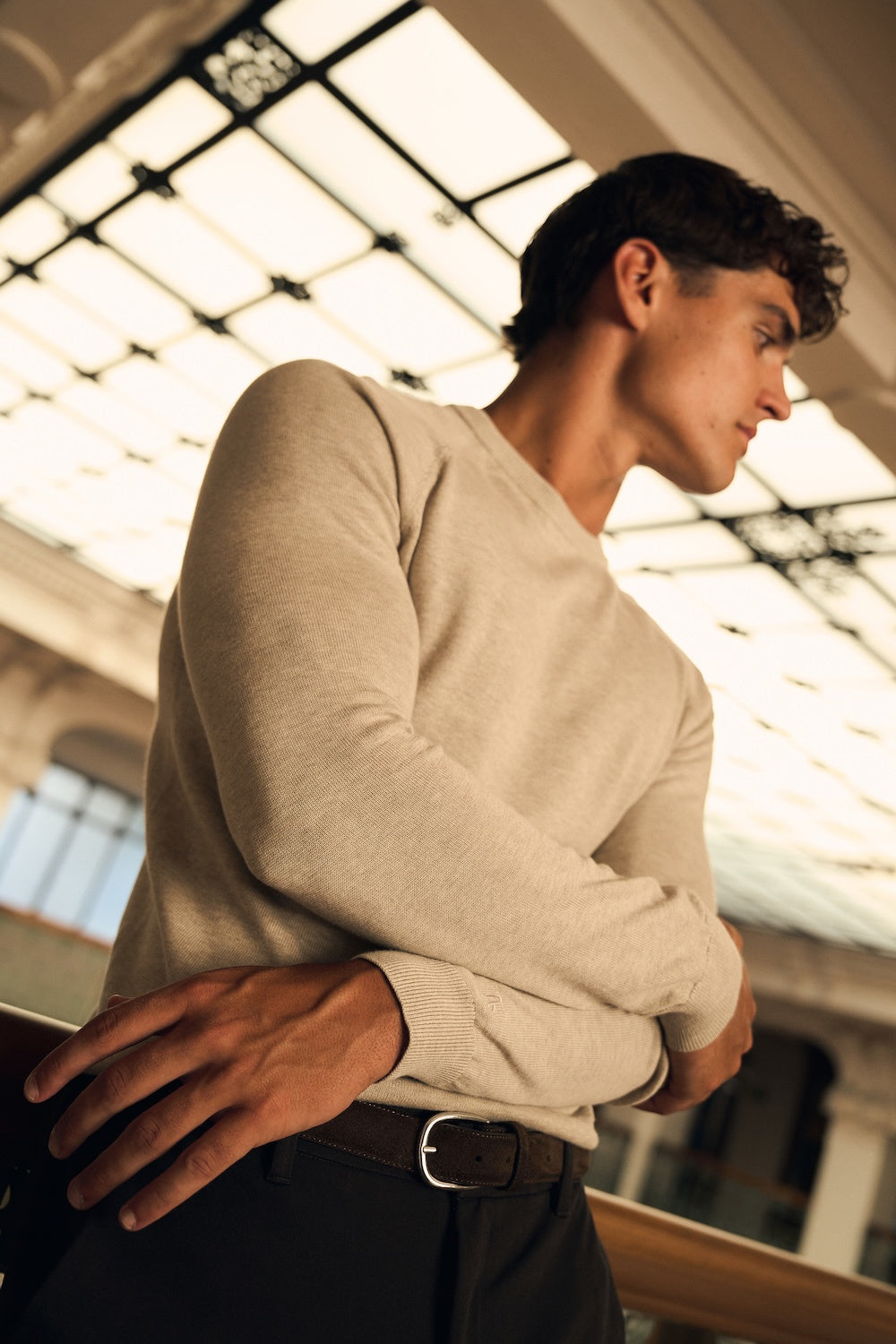 Pure Cotton Knitted Crew Neck Jumper in Neutral Marl