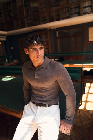 Extra Fine Merino Wool Polo Shirt in Mocha Marl