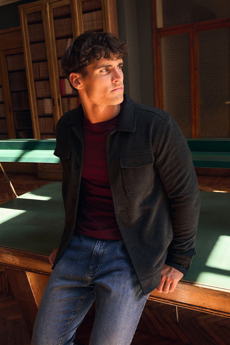 Lined Twill Melange Shacket in Dark Charcoal