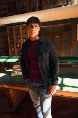 Lined Twill Melange Shacket in Dark Charcoal