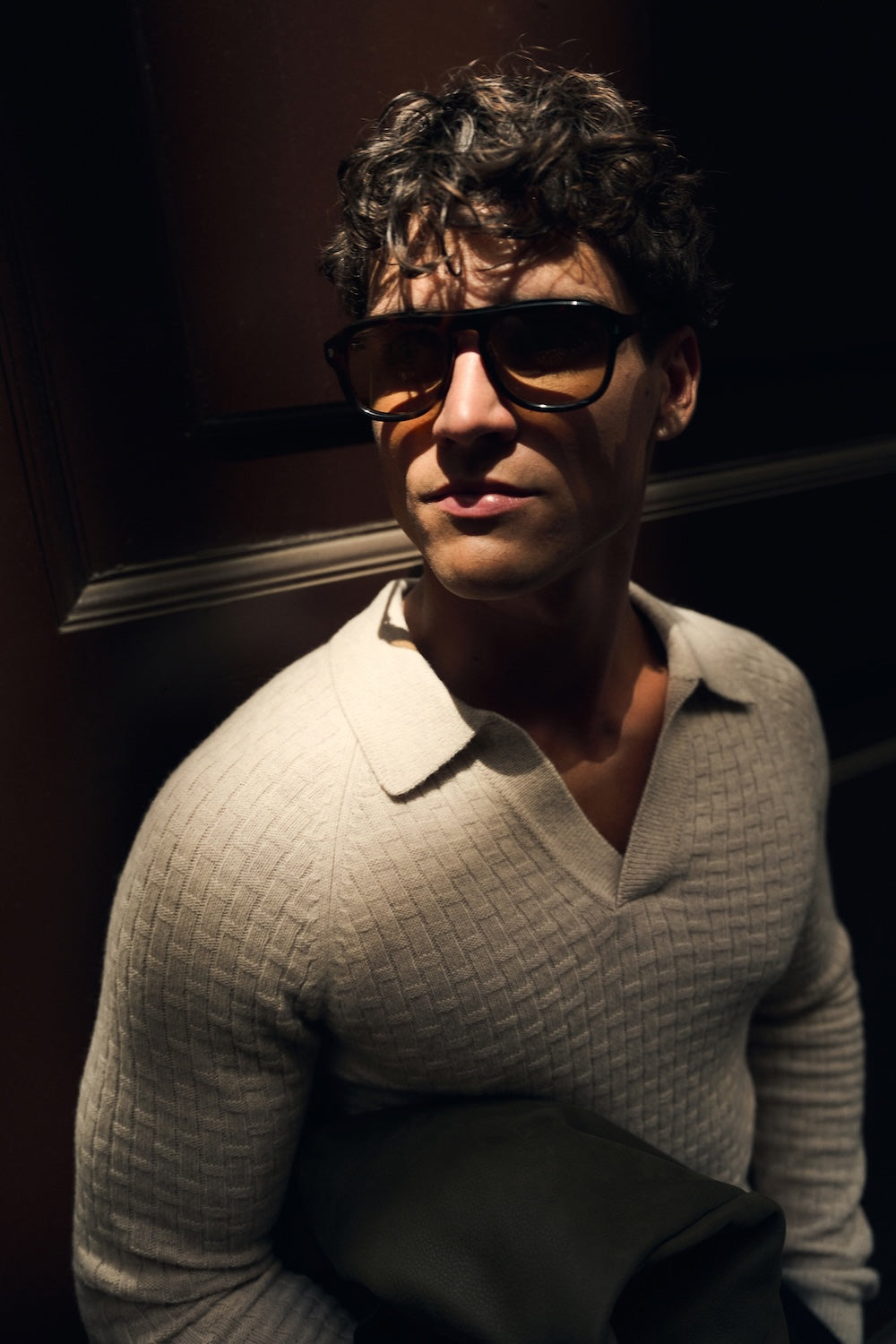 Merino Wool Textured Open Collar Polo Shirt in Neutral