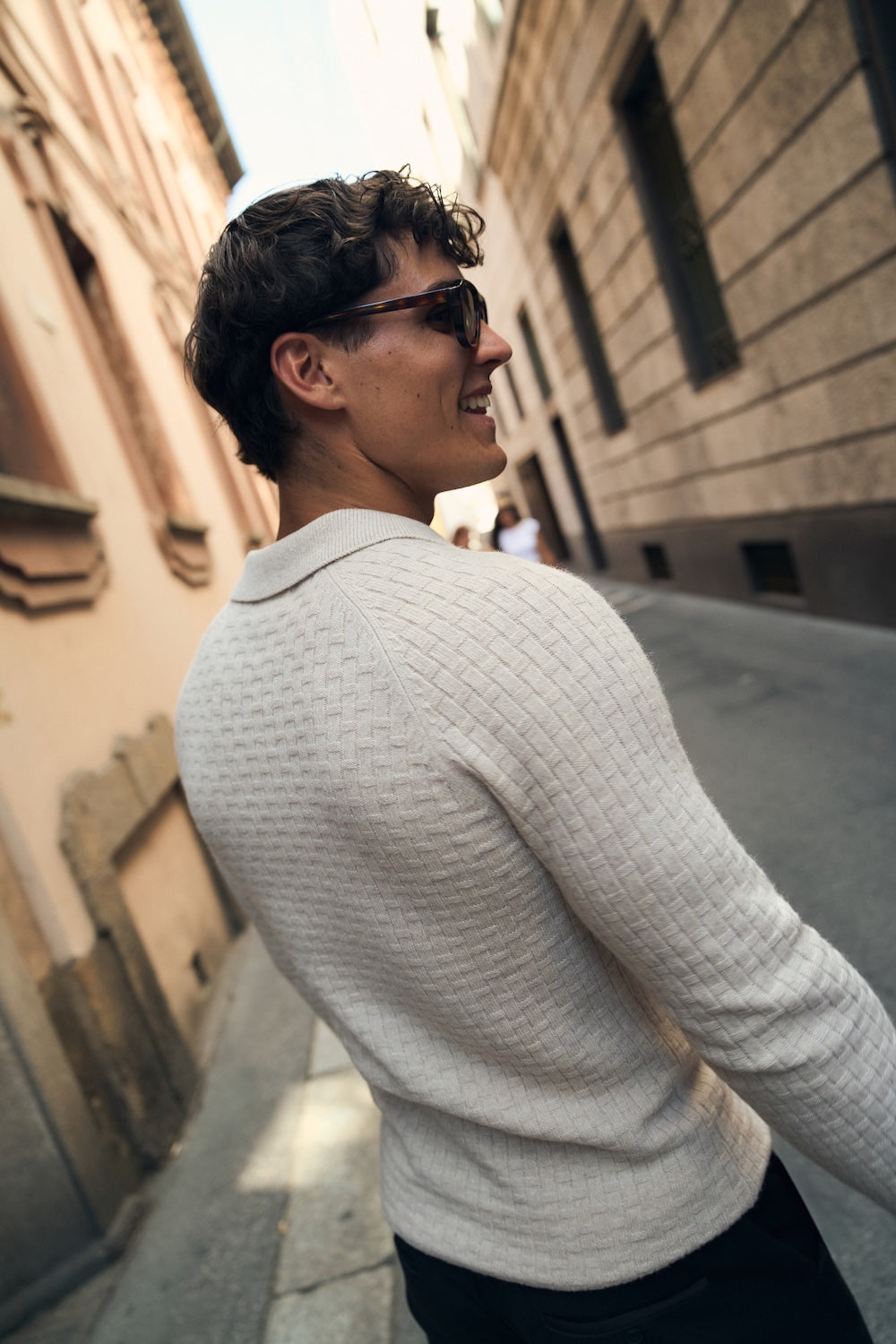 Merino Wool Textured Open Collar Polo Shirt in Neutral