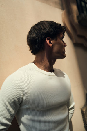 Pure Cotton Knitted Textured Crew Neck Jumper in Winter White