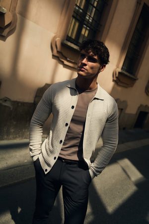 Square Textured Knitted Shirt in Stone