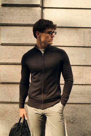 Extra Fine Merino Wool Knitted Zip Through in Bitter Chocolate