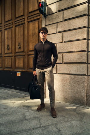 Extra Fine Merino Wool Knitted Zip Through in Bitter Chocolate