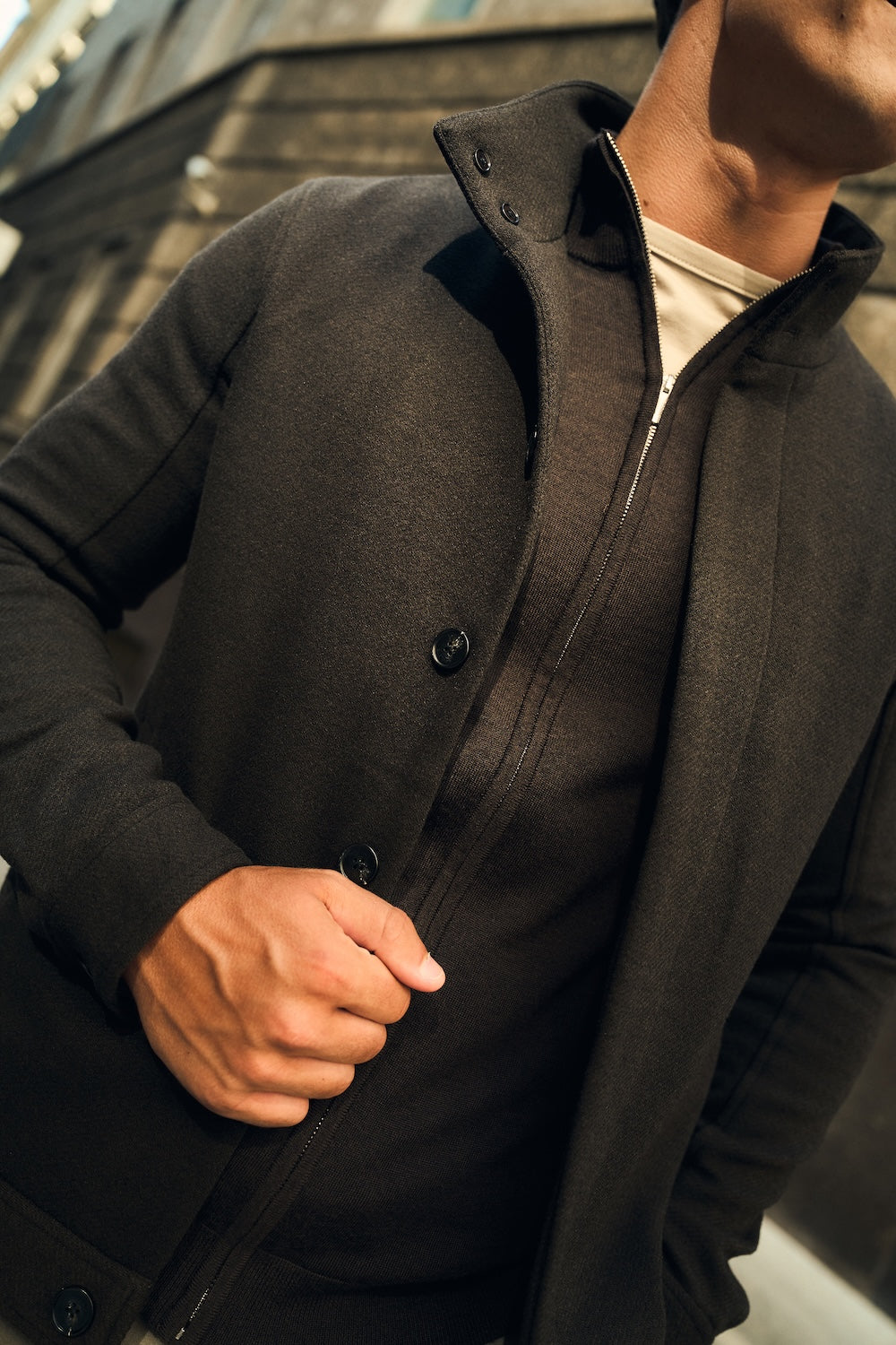 Funnel Neck Short Jacket in Chocolate