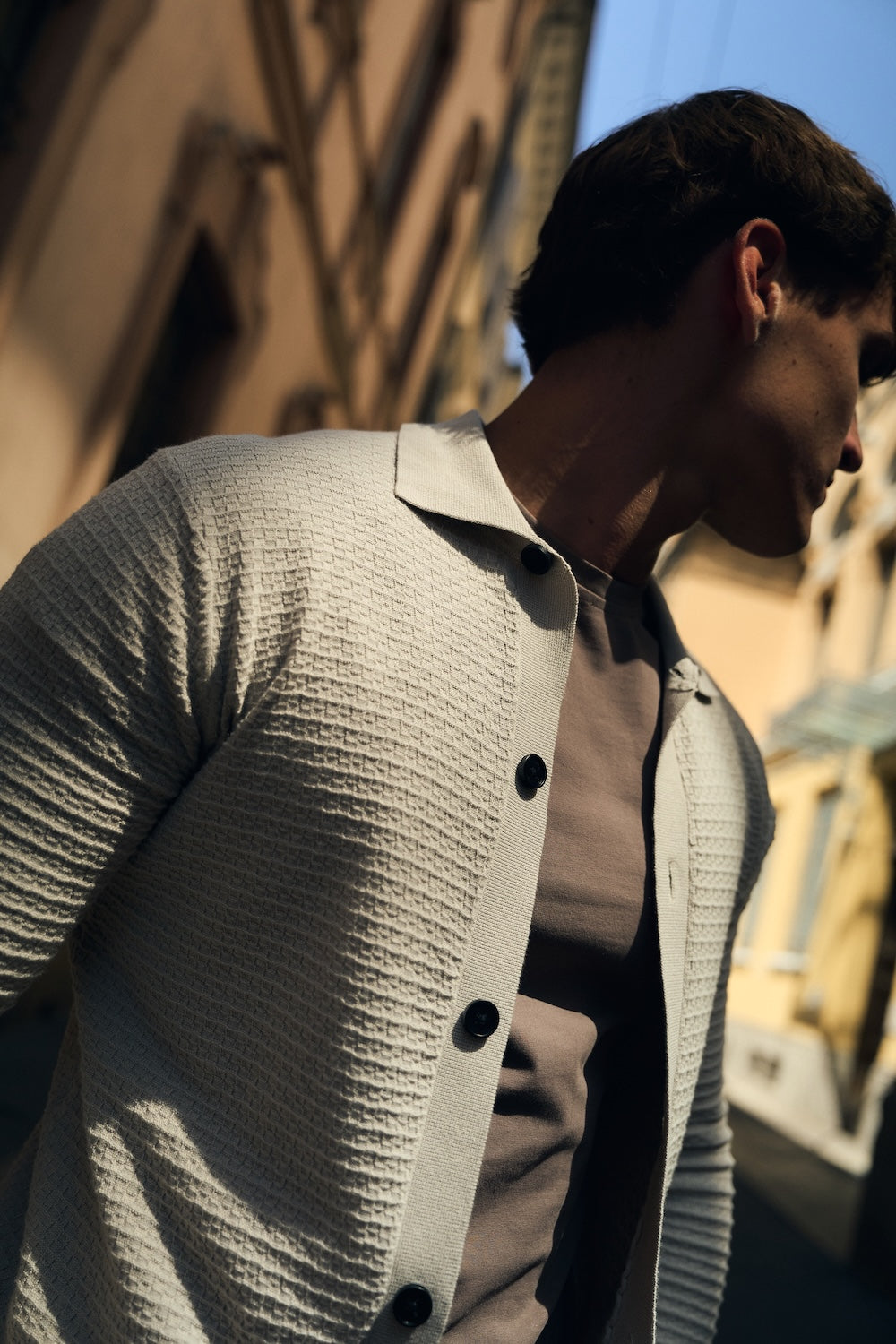 Square Textured Knitted Shirt in Stone