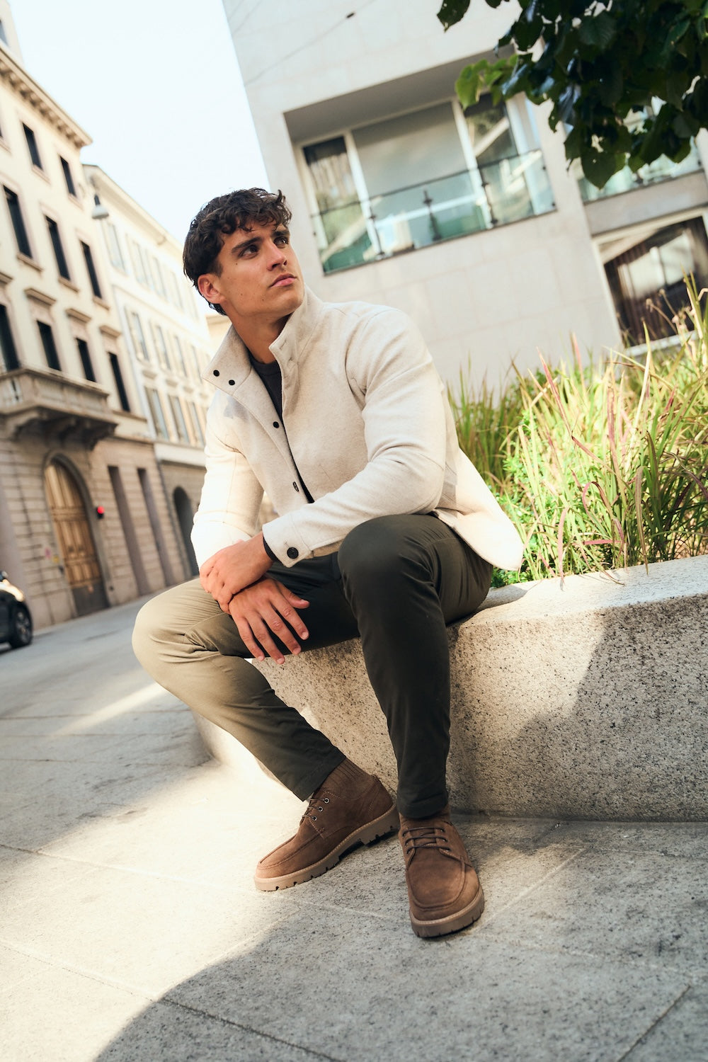 Funnel Neck Short Jacket in Stone
