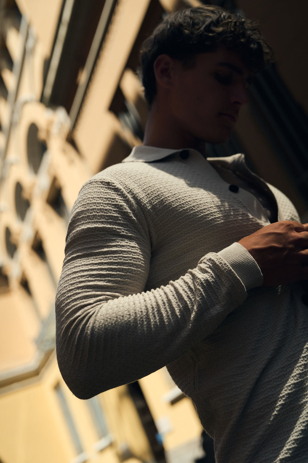 Square Textured Knitted Shirt in Stone