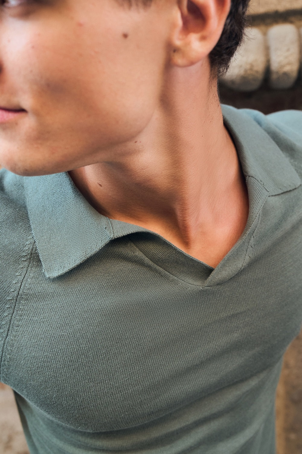 Pure Cotton Knitted Open Collar Polo Shirt in Moss Green