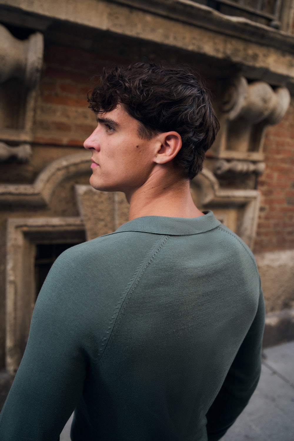 Pure Cotton Knitted Open Collar Polo Shirt in Moss Green