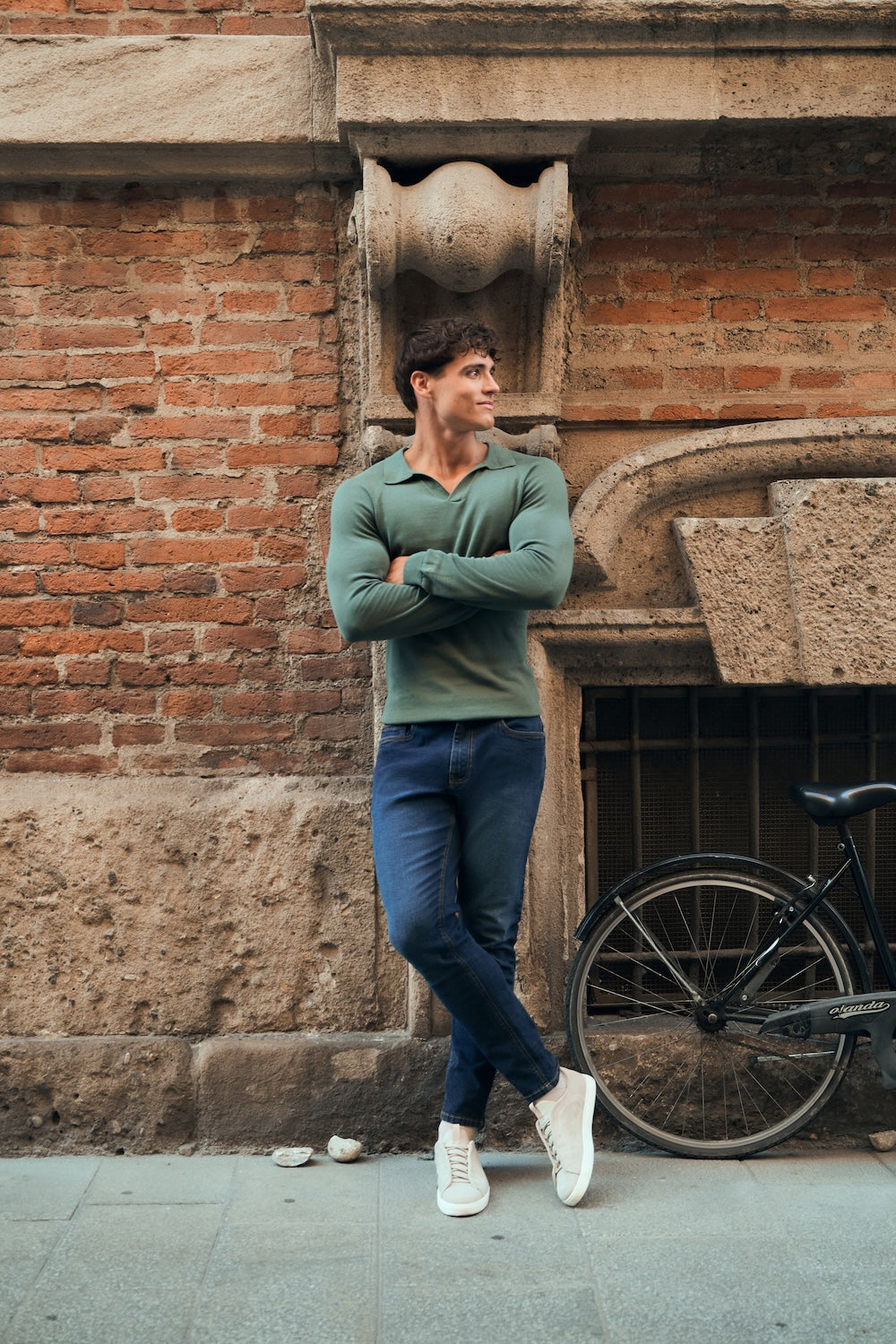 Pure Cotton Knitted Open Collar Polo Shirt in Moss Green