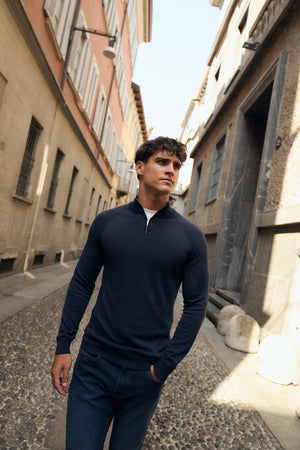 Pure Cotton Knitted Half Zip Neck Jumper in Navy