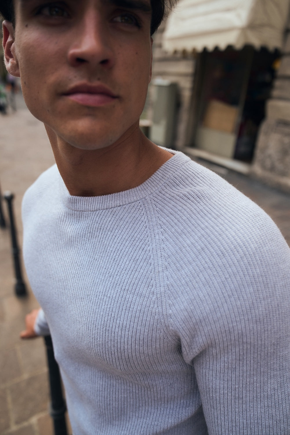 Pure Cotton Knitted Textured Crew Neck Jumper in Soft Grey Marl