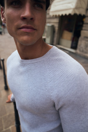 Pure Cotton Knitted Textured Crew Neck Jumper in Soft Grey Marl