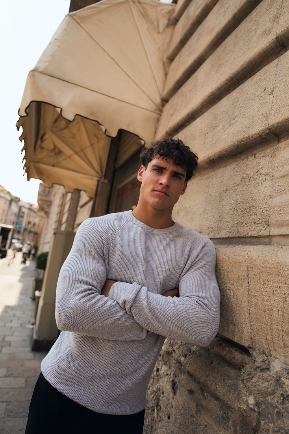 Pure Cotton Knitted Textured Crew Neck Jumper in Soft Grey Marl