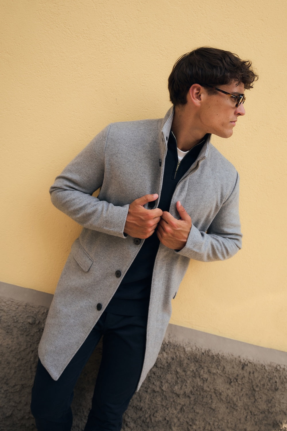 Funnel Neck Overcoat in Mid Grey Marl