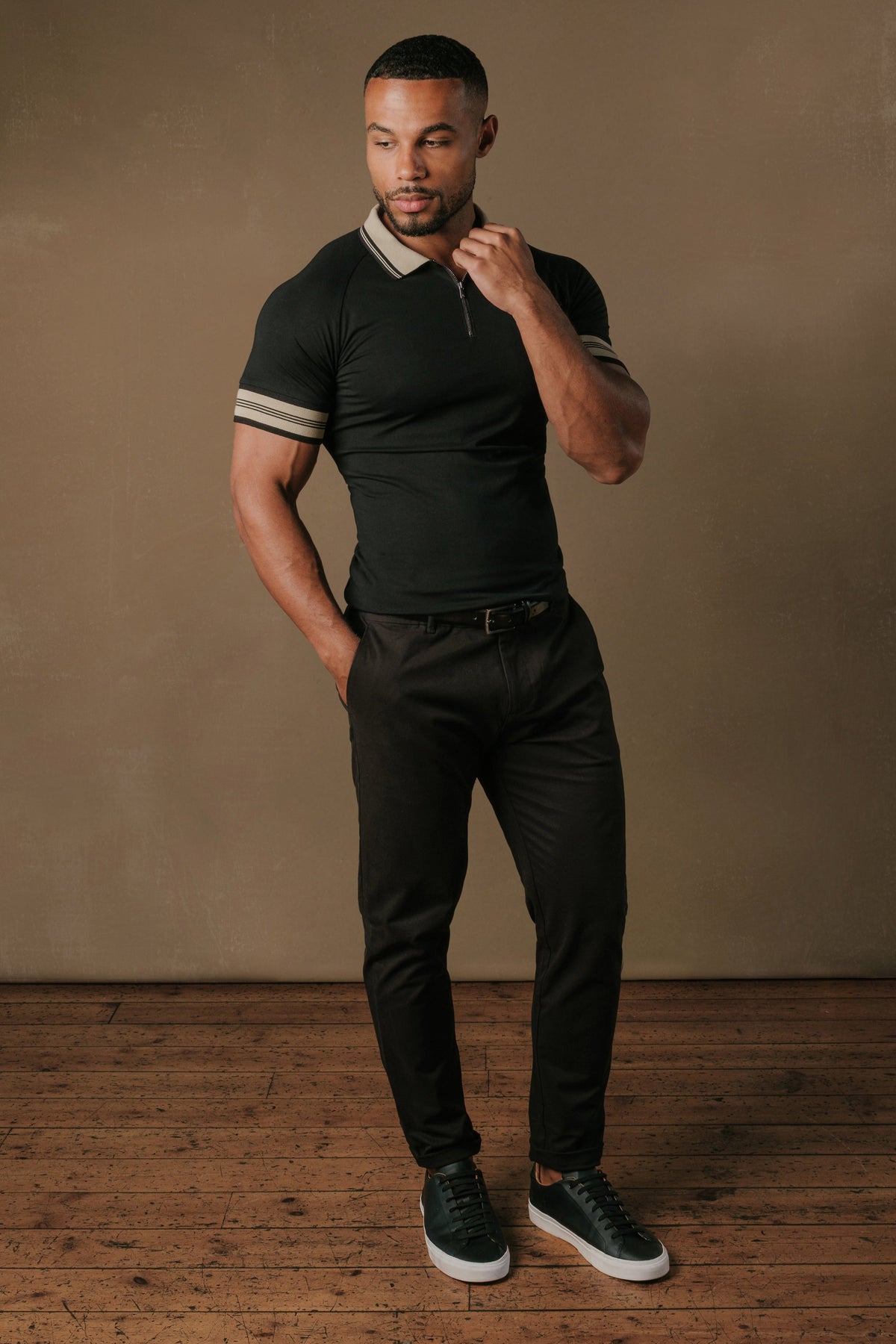 Tipped Zip Neck Polo in Black and Stone Tipping