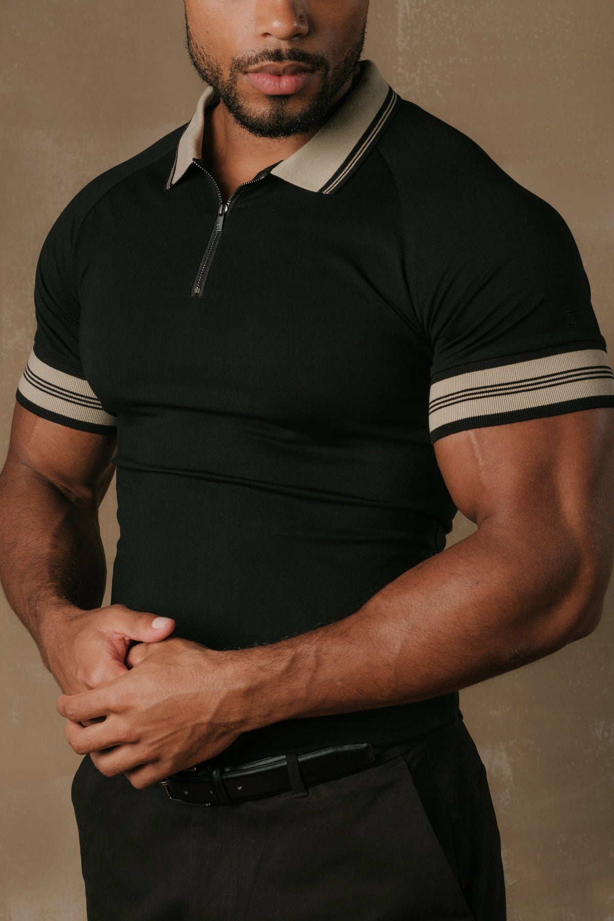 Tipped Zip Neck Polo in Black and Stone Tipping