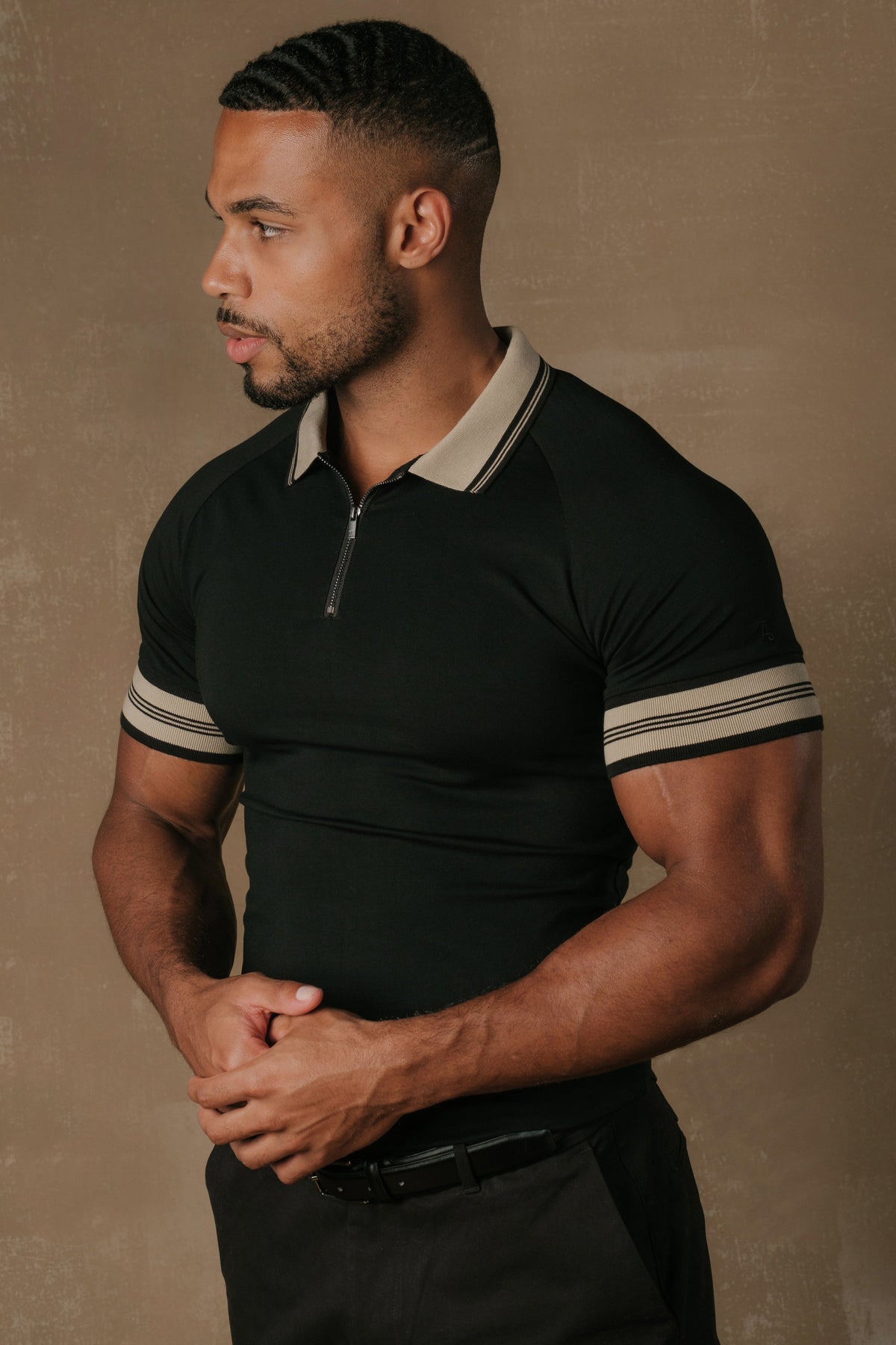 Tipped Zip Neck Polo in Black and Stone Tipping