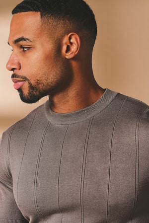 Vertical Stripe Knitted T-Shirt in Taupe