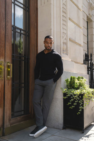 Open Collar Knitted Polo Shirt in Black