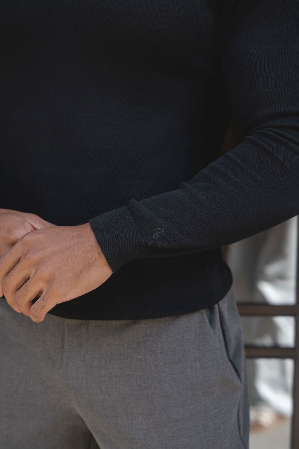 Open Collar Knitted Polo Shirt in Black
