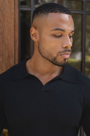 Open Collar Knitted Polo Shirt in Black