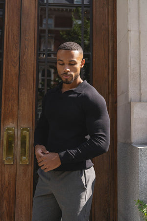 Open Collar Knitted Polo Shirt in Black