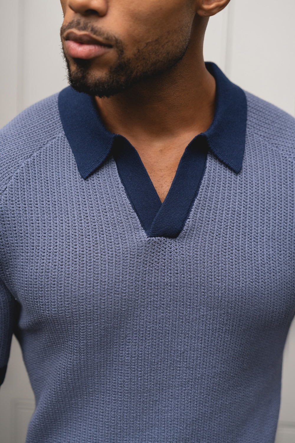 Contrast Textured Knitted Polo Shirt in Slate Blue
