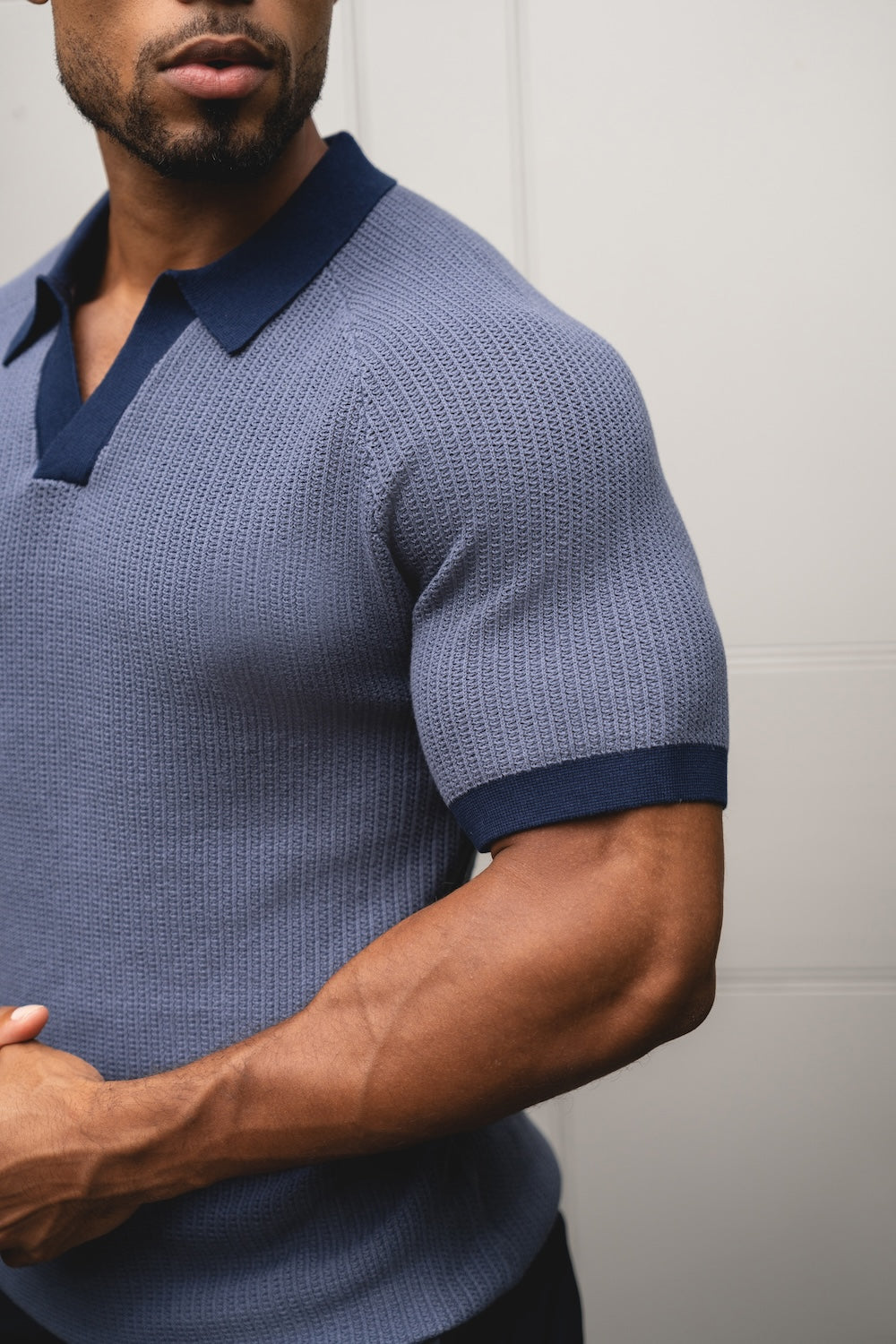 Contrast Textured Knitted Polo Shirt in Slate Blue