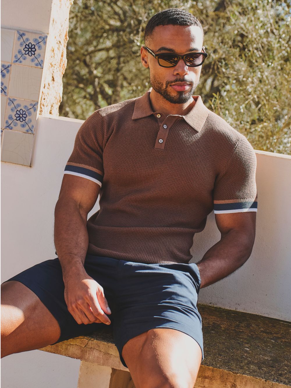 Colour Block Tipped Crochet Knit Polo Shirt in Chocolate