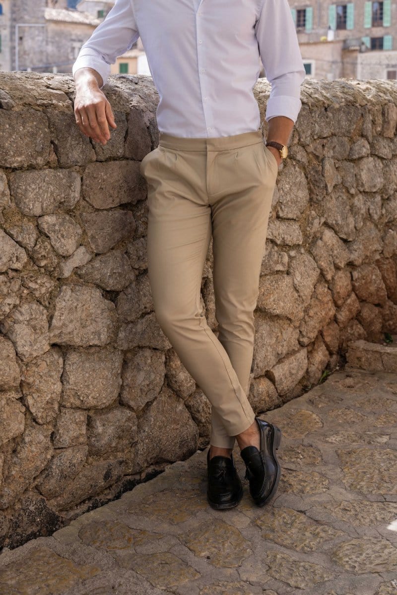 Smart Pleated Cotton Side Adjust Trouser in Stone - TAILORED ATHLETE - ROW