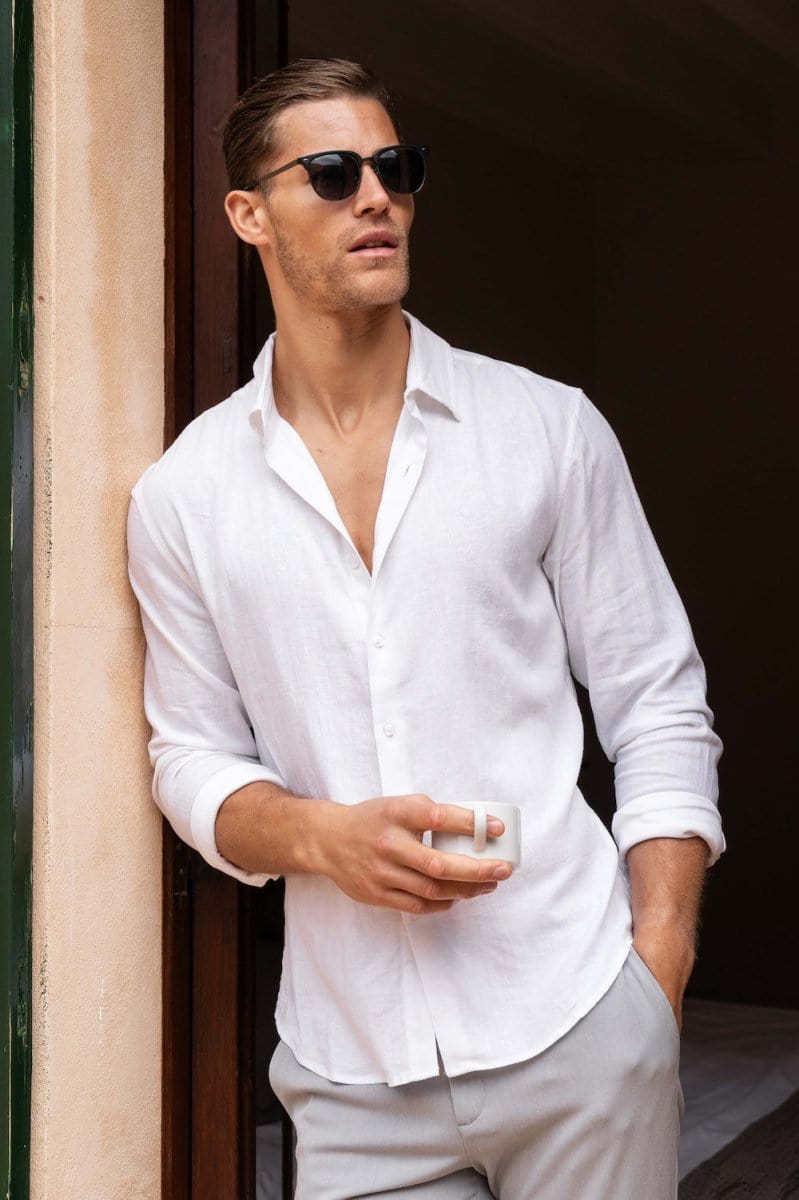 Linen Blend Button Through Shirt in White - TAILORED ATHLETE - ROW