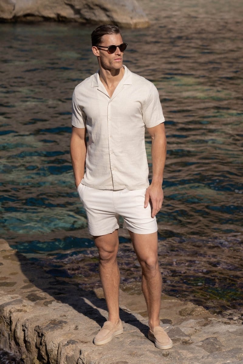 Linen Blend Cuban Collar Shirt in Stone - TAILORED ATHLETE - ROW