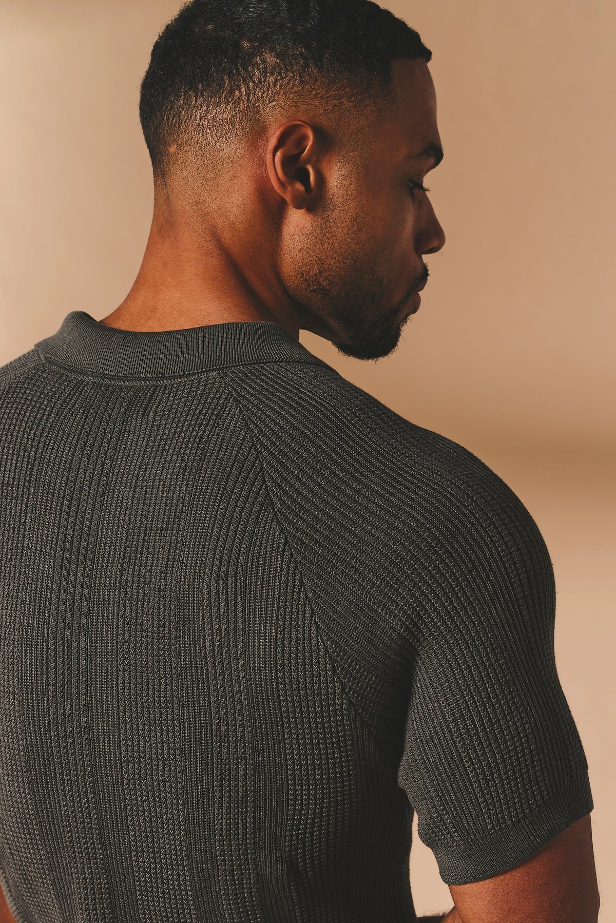 Vertical Stripe Knitted Polo Shirt in Khaki