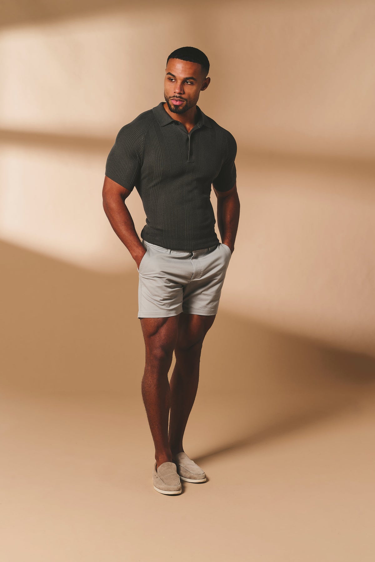 Vertical Stripe Knitted Polo Shirt in Khaki