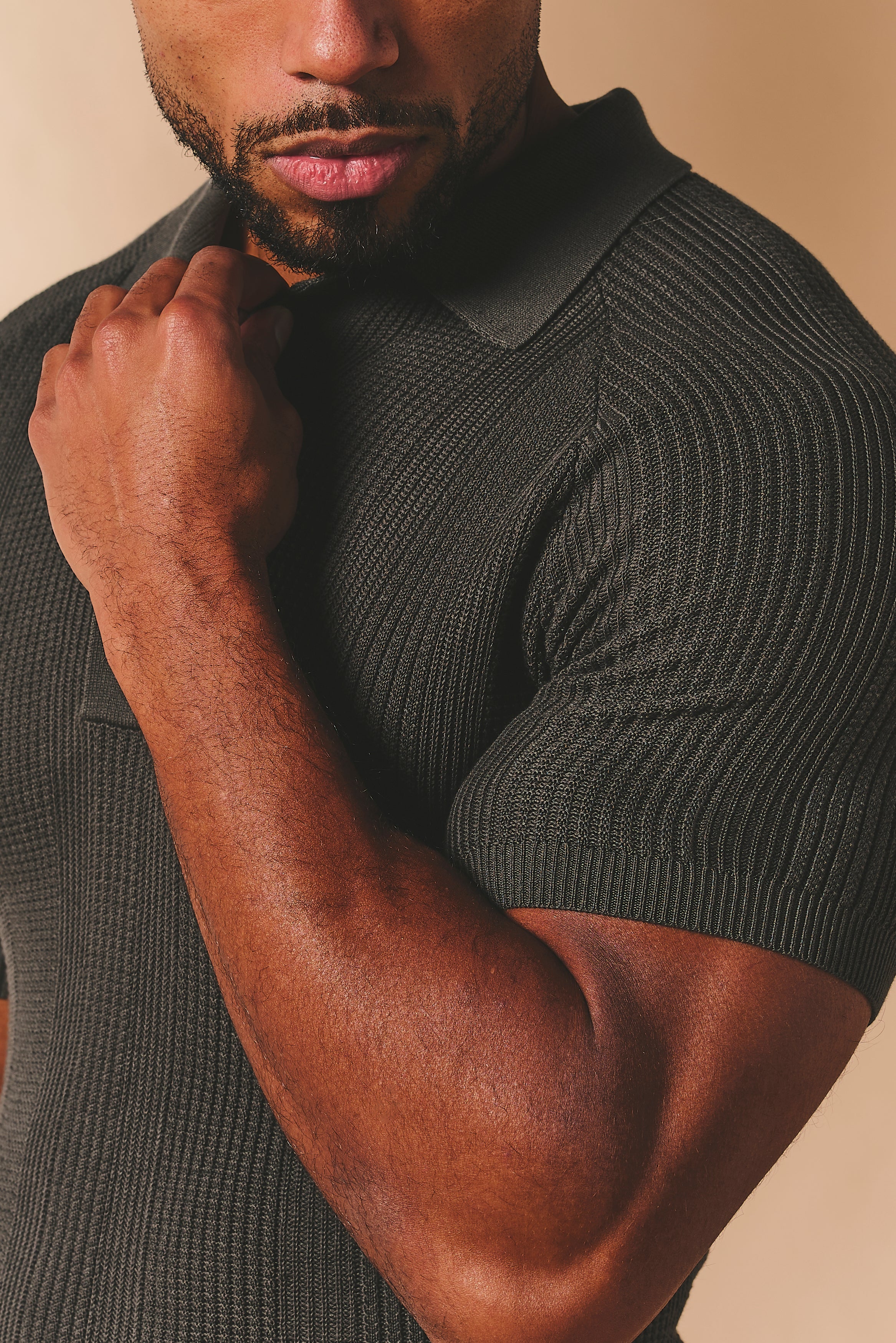 Vertical Stripe Knitted Polo Shirt in Khaki