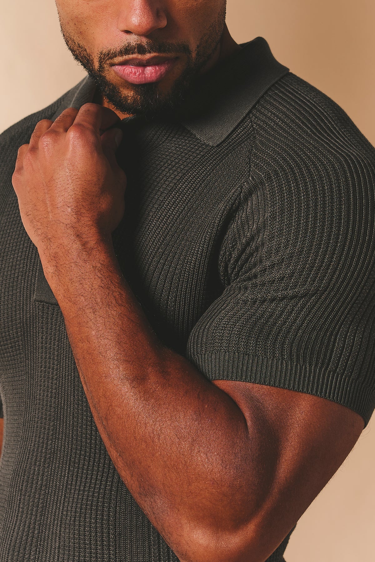 Vertical Stripe Knitted Polo Shirt in Khaki