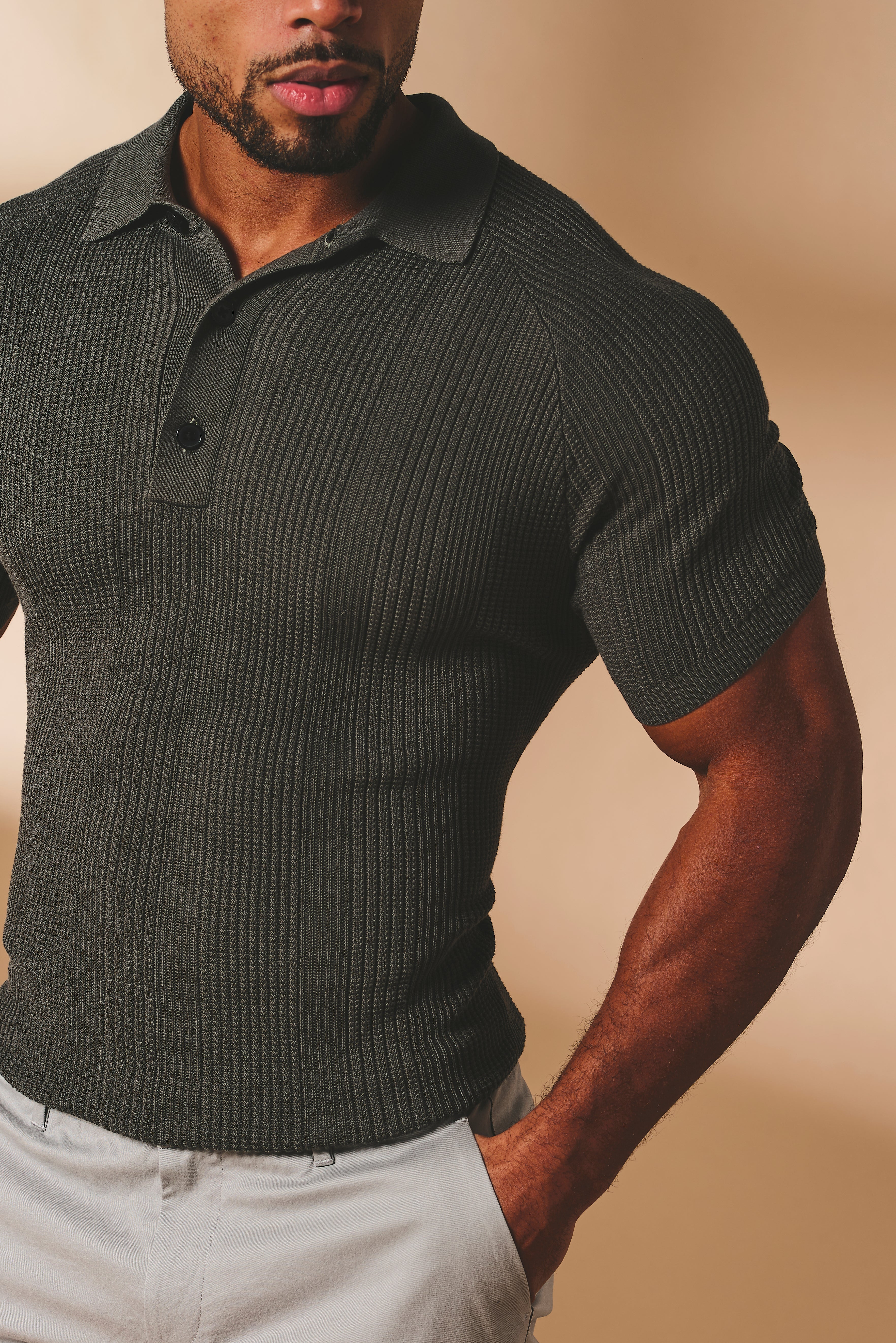 Vertical Stripe Knitted Polo Shirt in Khaki