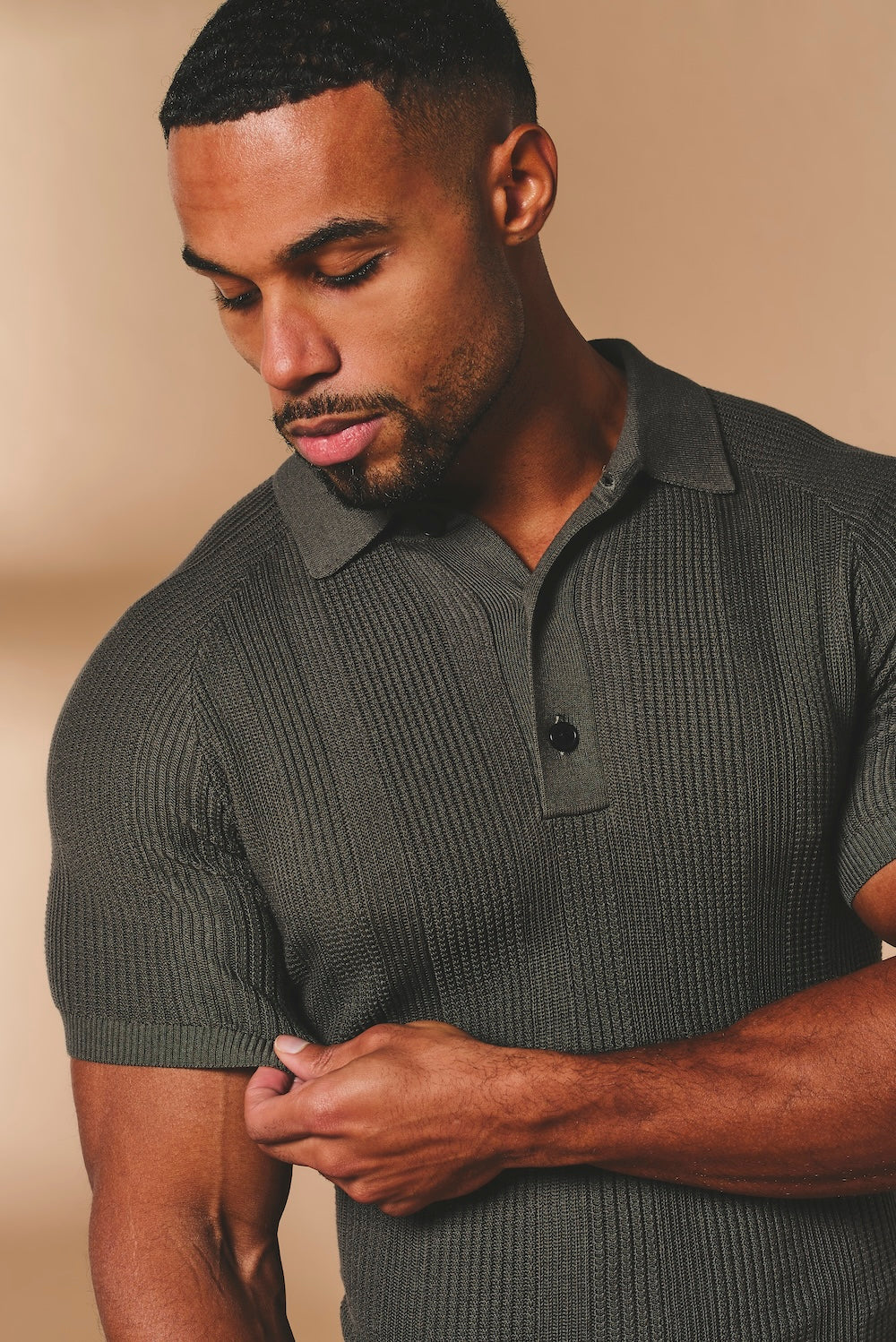 Vertical Stripe Knitted Polo Shirt in Khaki