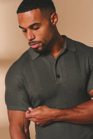 Vertical Stripe Knitted Polo Shirt in Khaki