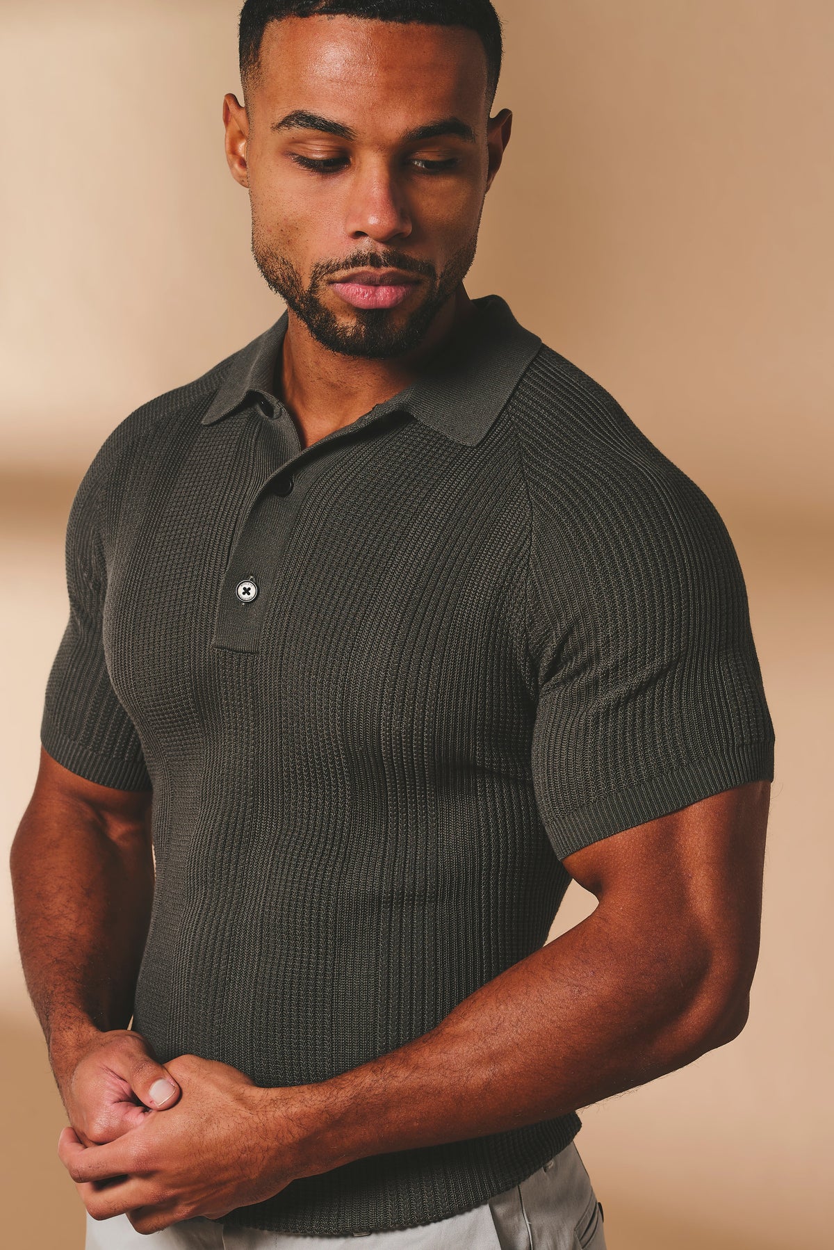 Vertical Stripe Knitted Polo Shirt in Khaki