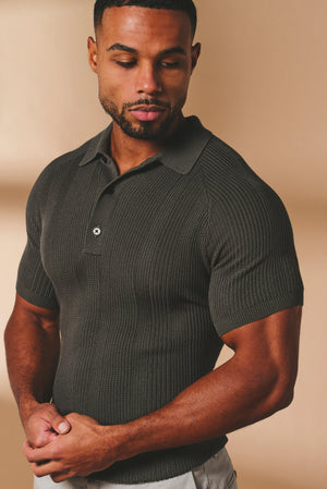 Vertical Stripe Knitted Polo Shirt in Khaki