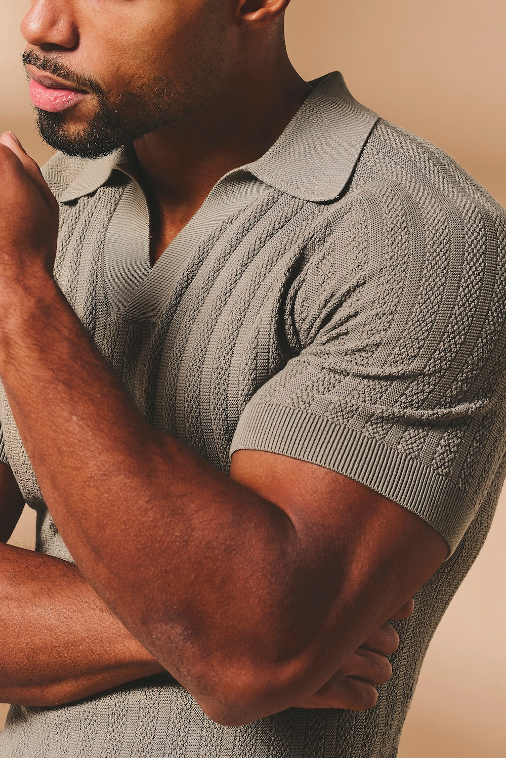 Vertical Stripe Knitted Open Collar Polo Shirt in Mole