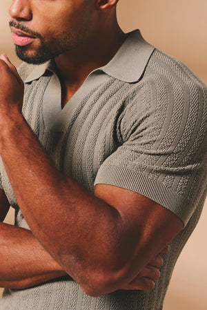 Vertical Stripe Knitted Open Collar Polo Shirt in Mole